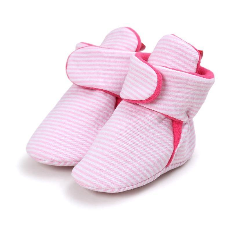 Baby newborn faux fleece winter booties pink striped with plush lining a pair Stevvex on Tampa Home & Garden Store