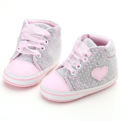 Infant girls first walkers sneakers by Stevvex, denim with pink toe caps and heart patch on Tampa Home & Garden Store