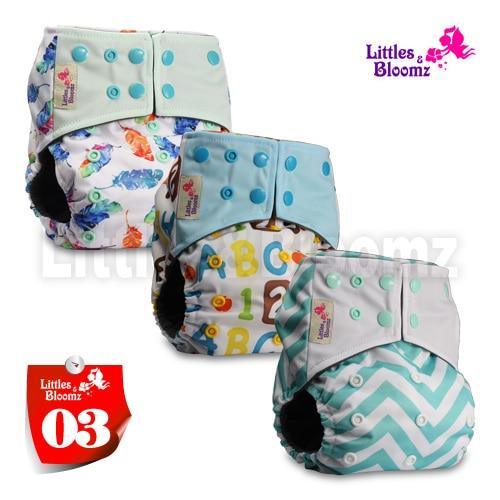 Stevvex cloth pocket nappies 3-pack with Littles & Bloomz logo pastel prints and turquoise snaps on Tampa Home & Garden Store