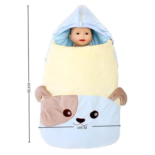 Newborn sleeping bag swaddle blanket Stevvex with hood pastel blue/yellow dog-face design on Tampa Home & Garden Store