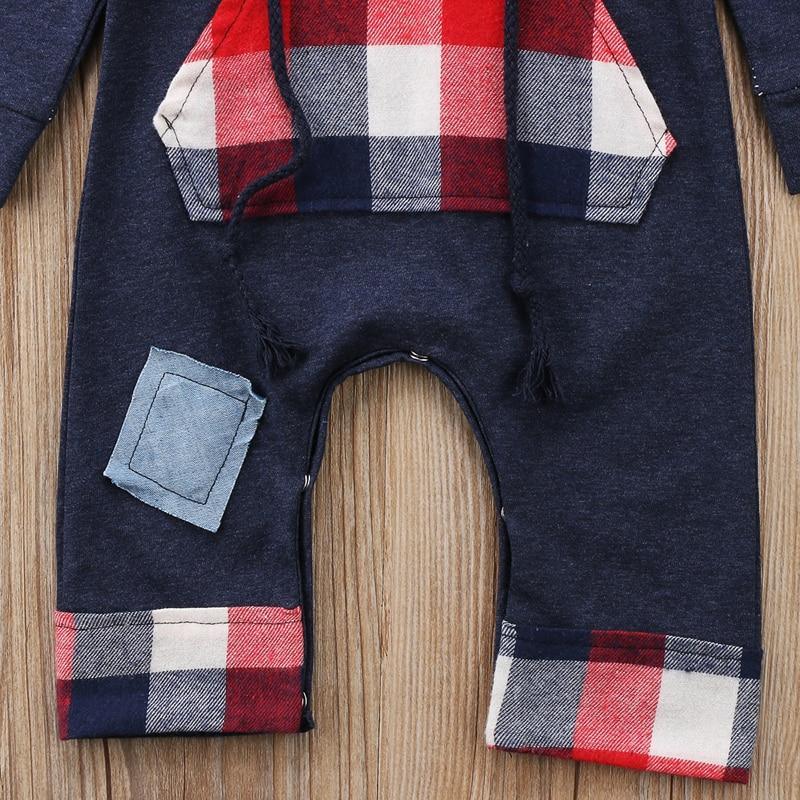 Stevvex baby romper jumpsuit with hood, navy knit, red plaid hood & cuffs, denim patch at thigh on Tampa Home & Garden Store