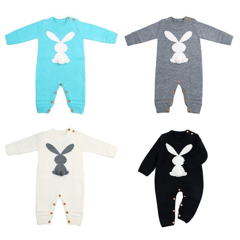 Stevvex baby romper set of four in blue gray white black with rabbit applique leg snaps on Tampa Home & Garden Store