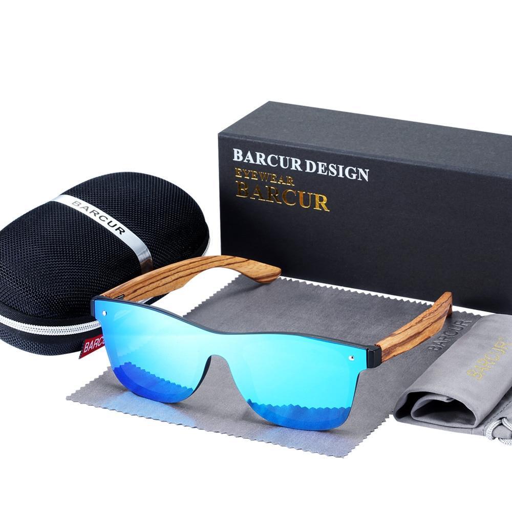 Handmade bamboo sunglasses by Stevvex with blue mirrored lenses and wooden arms UV400 protection on Tampa Home & Garden Store
