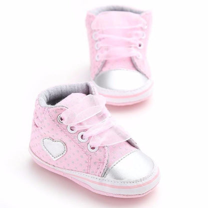 Infant Stevvex pink dots heart lace-up first walkers sneakers with silver toe cap pair on Tampa Home & Garden Store