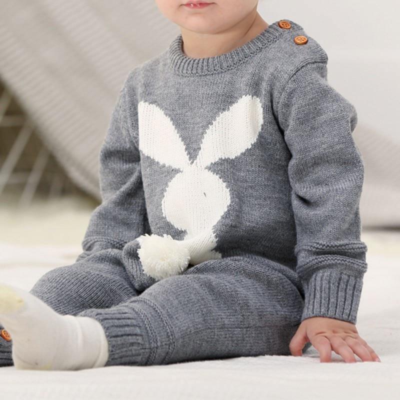 Stevvex gray knit baby romper with white bunny graphic, long sleeves on Tampa Home & Garden Store