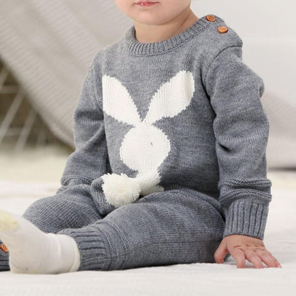 Stevvex gray knit baby romper with white bunny graphic, long sleeves on Tampa Home & Garden Store