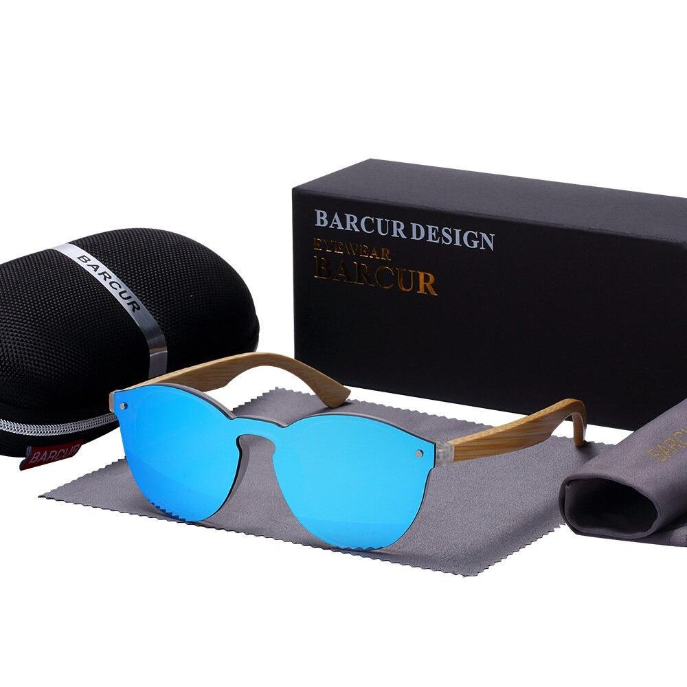 Barcur bamboo wood round sunglasses with blue mirrored lenses, UV400 protection on Tampa Home & Garden Store