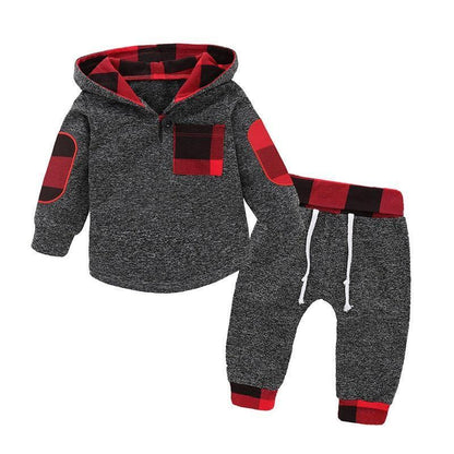 Newborn hoodie and pants 2pc outfit Stevvex in gray heather with red plaid accents on Tampa Home & Garden Store