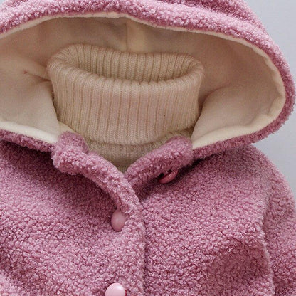 Stevvex baby girls pink sherpa velvet coat with hood, cream lining, pink buttons on Tampa Home & Garden Store