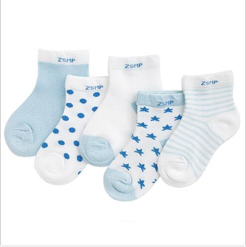 Stevvex 5-pair baby socks set in light blue and white with stars, moons, dots and stripes on Tampa Home & Garden Store