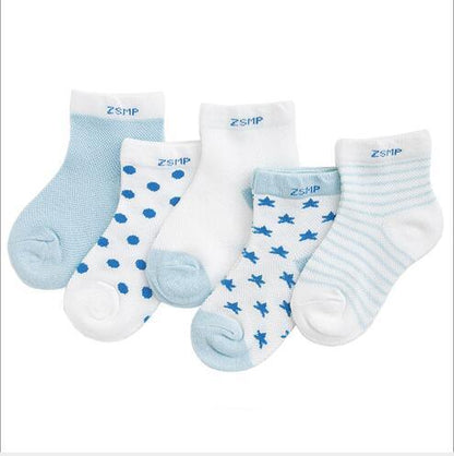 Stevvex 5-pair baby socks set in light blue and white with stars, moons, dots and stripes on Tampa Home & Garden Store