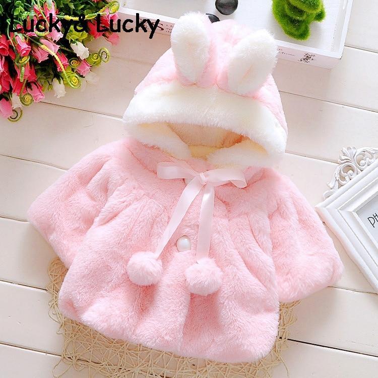 Pink plush baby coat with rabbit hood and white fur trim Stevvex for newborn girls on Tampa Home & Garden Store
