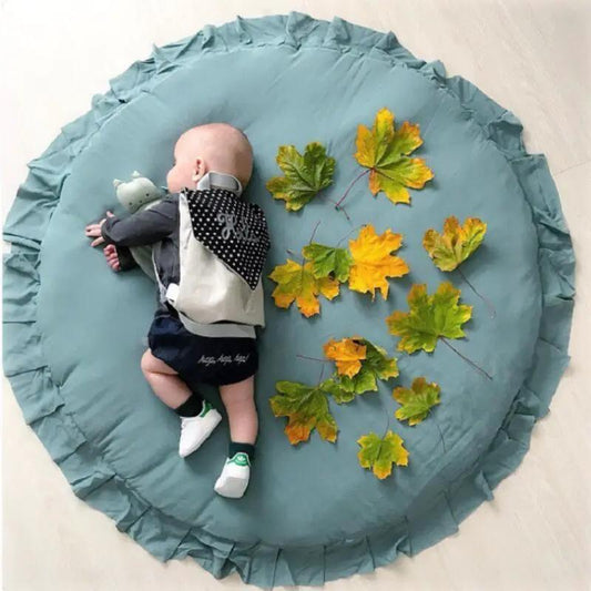 Baby play mat Stevvex, round cotton crawling mat in teal with ruffled edge for kids room floor on Tampa Home & Garden Store