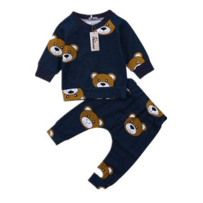 Baby boy pajama set by Stevvex navy blue long sleeve top and pants with bear faces on Tampa Home & Garden Store