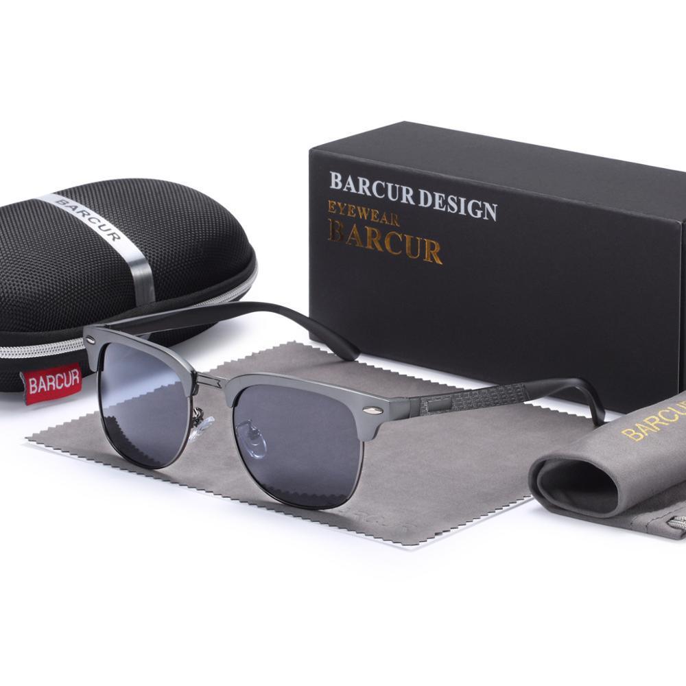 Stevvex luxury sunglasses with gray aluminum frame and dark lenses, Barcur case and box on Tampa Home & Garden Store