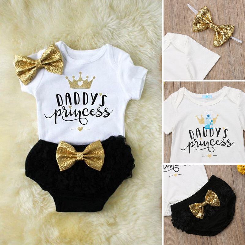 3-piece baby outfit set white bodysuit Daddy's Princess black bloomers gold bow headband Stevvex on Tampa Home & Garden Store