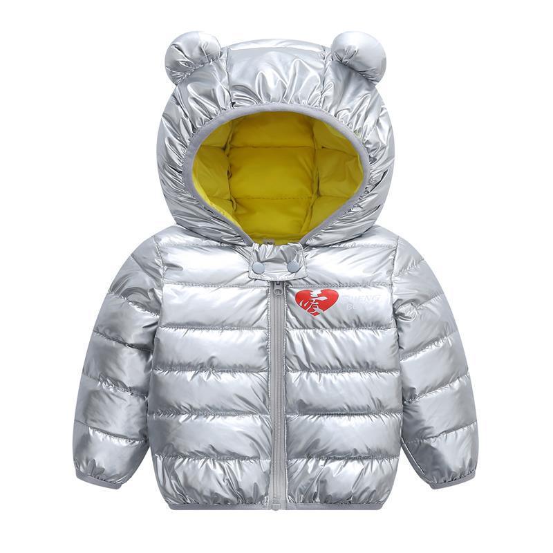 Stevvex infant hooded puffer jacket, silver metallic exterior with yellow lining and bear hood on Tampa Home & Garden Store
