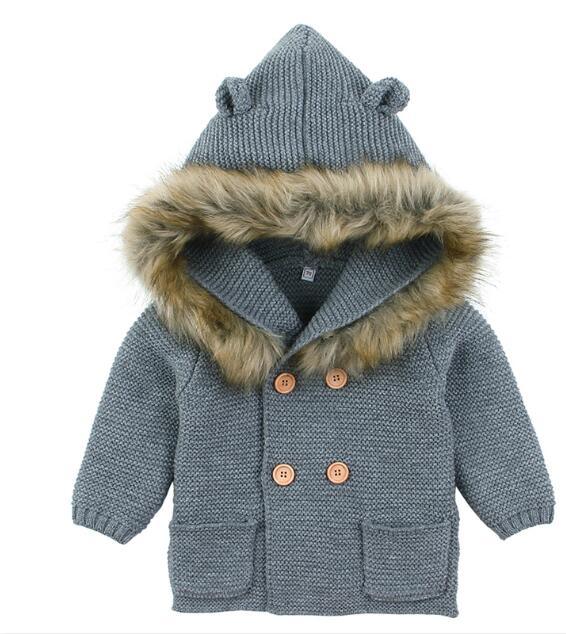 Stevvex baby knit hooded coat with fur trim blue textured knit double-breasted buttons on Tampa Home & Garden Store