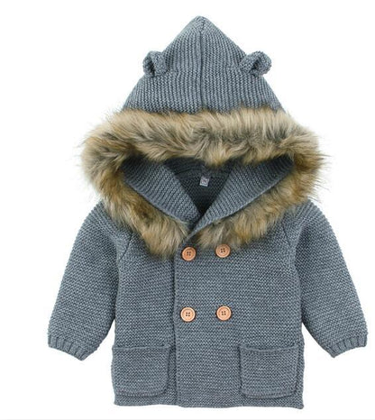 Stevvex baby knit hooded coat with fur trim blue textured knit double-breasted buttons on Tampa Home & Garden Store