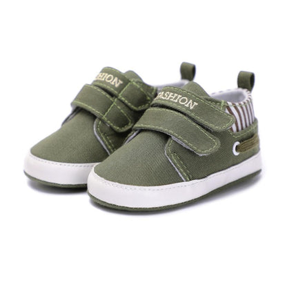 Olive canvas first walkers infant shoes with double Velcro straps and white sole on Tampa Home & Garden Store