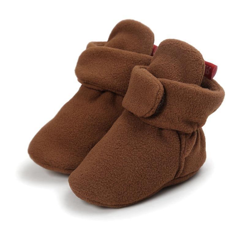 Stevvex baby plush fleece winter boots brown infant pair with folded cuff strap on Tampa Home & Garden Store