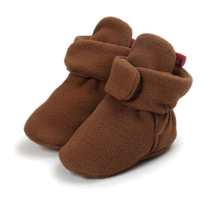 Stevvex baby plush fleece winter boots brown infant pair with folded cuff strap on Tampa Home & Garden Store