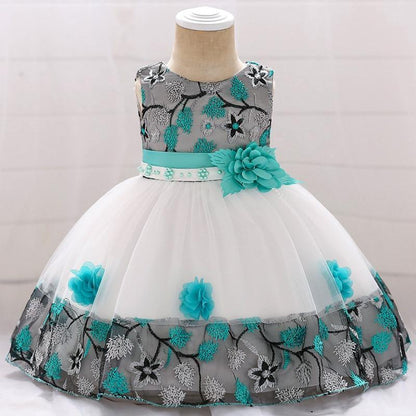 Stevvex baby dress with lace bodice, teal embroidery, teal belt and white tulle skirt on Tampa Home & Garden Store