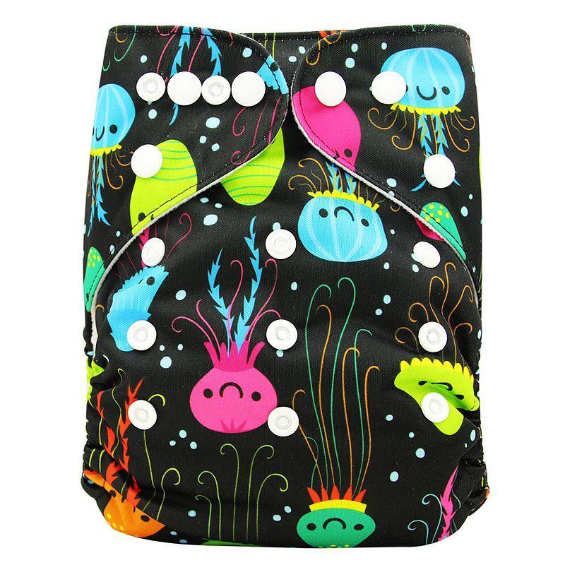 Stevvex baby cloth diaper waterproof pocket with jellyfish print on black fabric snap closures on Tampa Home & Garden Store