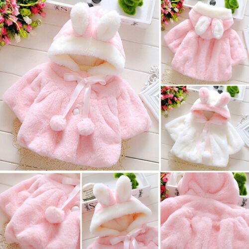 Newborn baby girl fur winter coat cloak in pink with bunny-ear hood and white plush trim Stevvex on Tampa Home & Garden Store