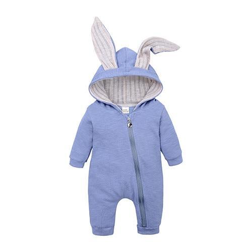 Bunny-ear hooded baby romper, blue with striped hood lining, full-zip, Stevvex on Tampa Home & Garden Store