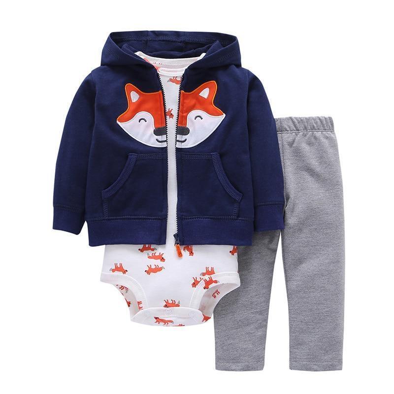 Baby 3-piece set: navy hooded jacket with fox face, grey pants, white fox-print romper on Tampa Home & Garden Store