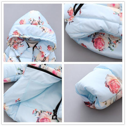 Stevvex infant puffer jacket coat in light blue floral print with hood and front zipper on Tampa Home & Garden Store