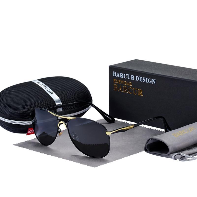 Aviator sunglasses Barcur with black polarized UV400 lenses and gold-tone frame case on Tampa Home & Garden Store