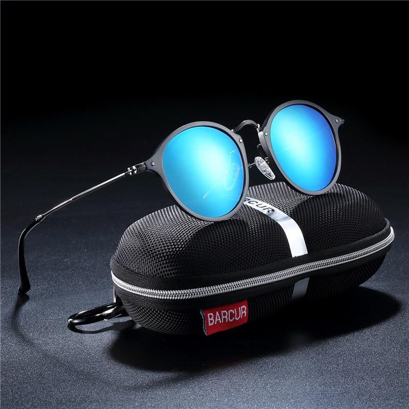 Vintage Luxury Round Sunglasses by Stevvex with blue mirrored lenses and metal frame on Tampa Home & Garden Store