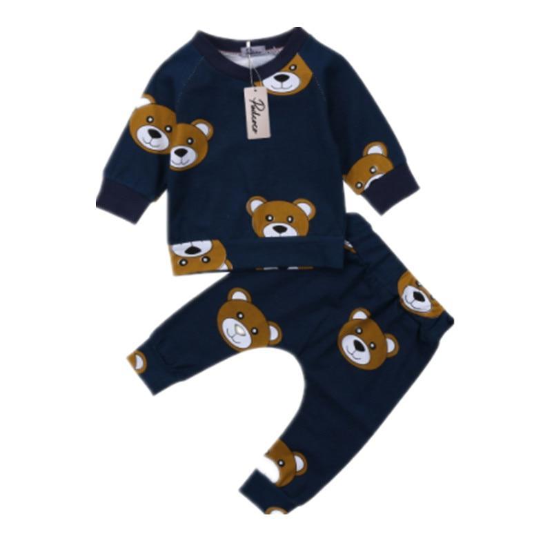 Stevvex bear print baby boy hoodie set navy with brown bear faces, two-piece outfit on Tampa Home & Garden Store
