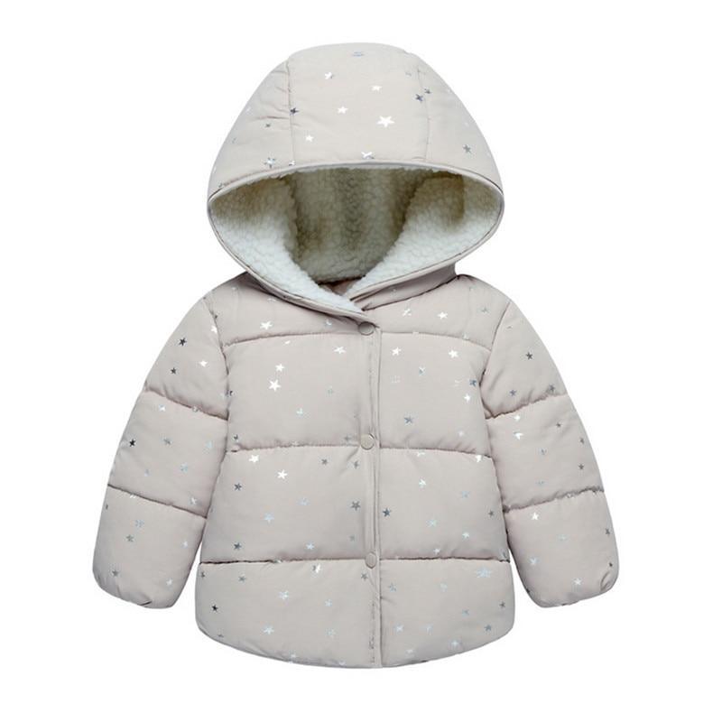 Stevvex baby hooded puffer coat with sherpa lining, beige with metallic star print on Tampa Home & Garden Store
