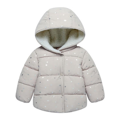 Stevvex baby hooded puffer coat with sherpa lining, beige with metallic star print on Tampa Home & Garden Store