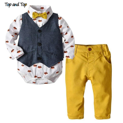 Baby boy suit set by Stevvex: navy denim vest, printed shirt, yellow bow tie, mustard pants on Tampa Home & Garden Store