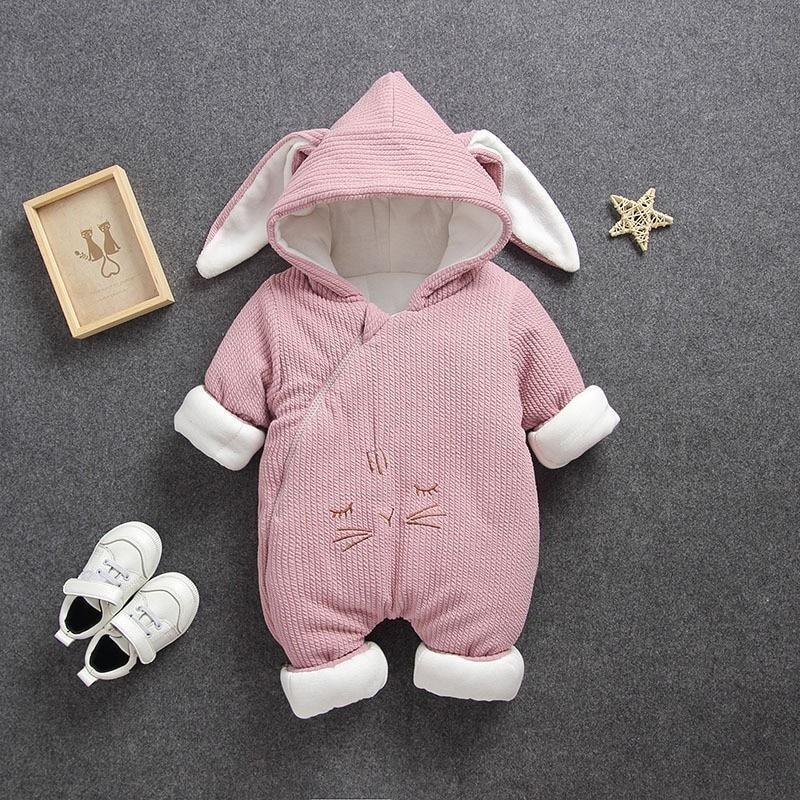 pink knit hooded baby romper jumpsuit with bunny ears and white cuffs on Tampa Home & Garden Store