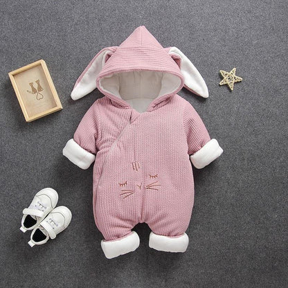 pink knit hooded baby romper jumpsuit with bunny ears and white cuffs on Tampa Home & Garden Store