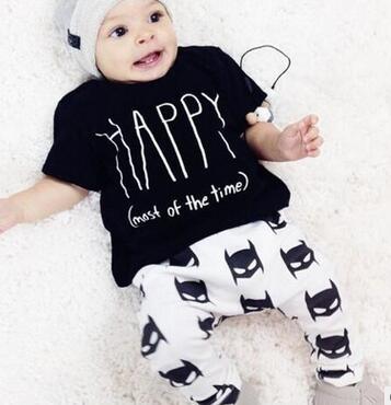 Stevvex baby boy set black shirt with HAPPY text and white Batman-logo pants gray beanie on Tampa Home & Garden Store