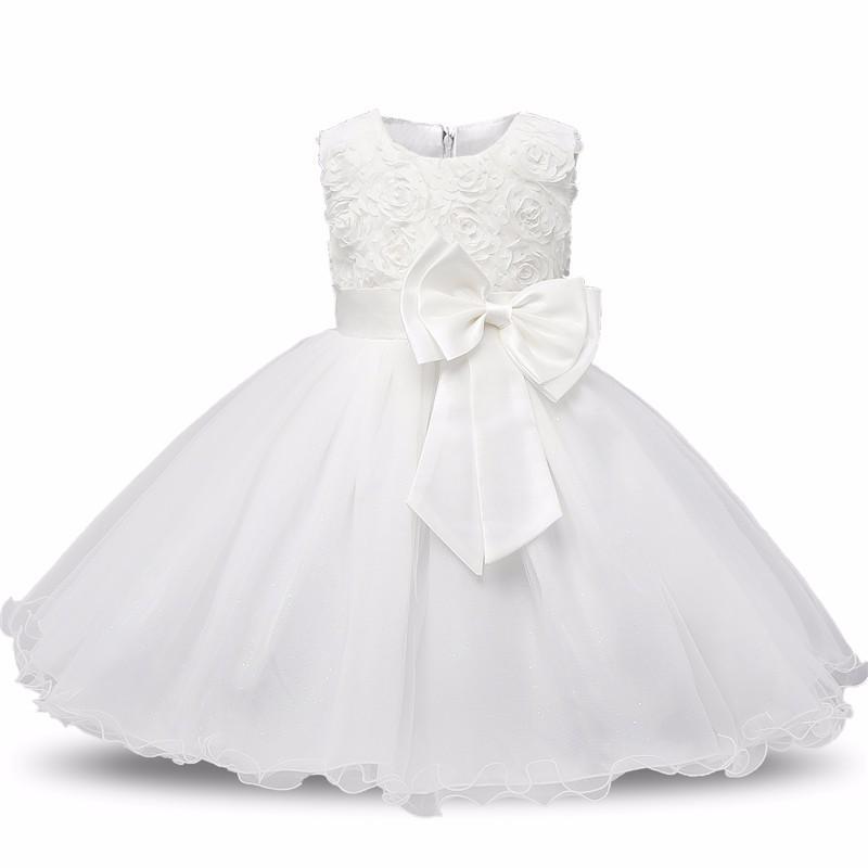 Stevvex toddler white birthday dress with 3D rose bodice, satin sash and large bow, tulle skirt on Tampa Home & Garden Store