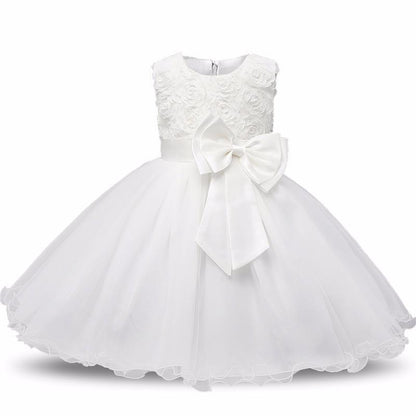Stevvex toddler white birthday dress with 3D rose bodice, satin sash and large bow, tulle skirt on Tampa Home & Garden Store