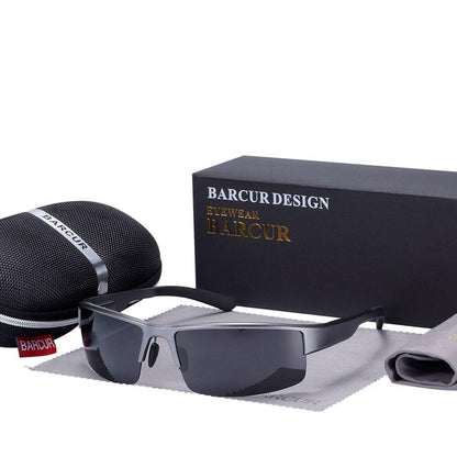 Barcur polarized square sunglasses UV400 with gray lenses, metal frame, case and box on Tampa Home & Garden Store