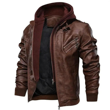 Men's PU Leather Jacket Removable Hood, Biker