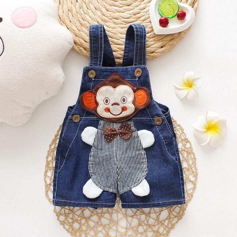 Denim baby romper overalls with monkey patch by Stevvex, blue suspender shorts on Tampa Home & Garden Store