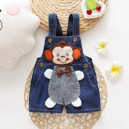 Denim baby romper overalls with monkey patch by Stevvex, blue suspender shorts on Tampa Home & Garden Store