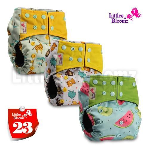 Stevvex washable cloth pocket nappies set of 3 with bright prints Littles & Bloomz logo on Tampa Home & Garden Store
