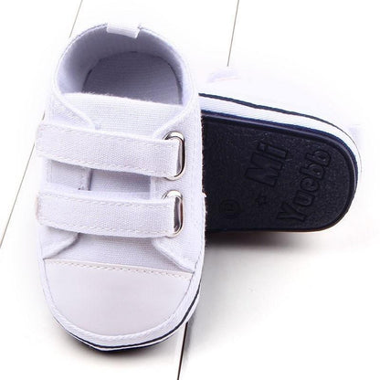 White baby shoes with dual Velcro straps, soft sole anti-slip sneakers for newborns on Tampa Home & Garden Store