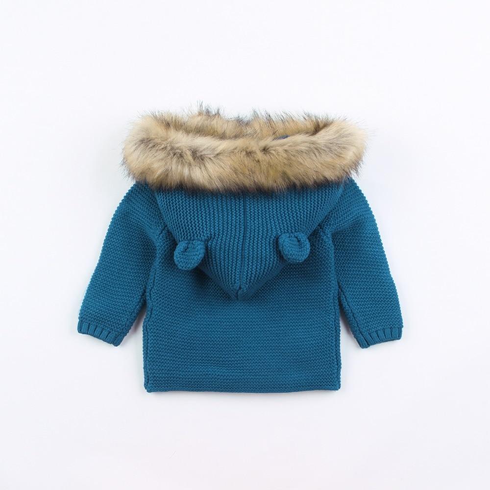 Baby cardigan Stevvex teal blue knit with fur-trimmed hood, back view, long sleeves on Tampa Home & Garden Store